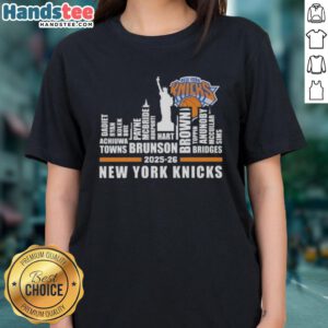 Alt Text: Cute New York Knicks Basketball ladies tee featuring city skyline and all player names for 2025-26 season.