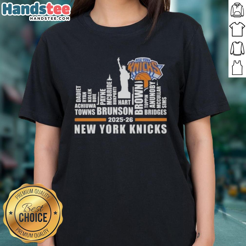 Alt Text: Cute New York Knicks Basketball ladies tee featuring city skyline and all player names for 2025-26 season.