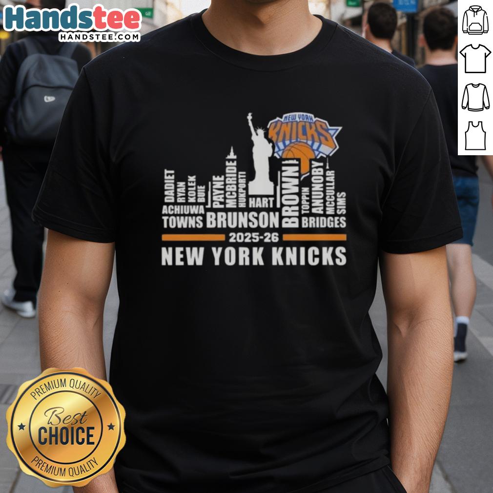 Alt Text: Cute New York Knicks Basketball T-Shirt featuring 2025-26 team names and city skyline design.