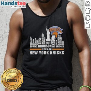 Cute 2025-26 New York Knicks basketball tank top featuring city skyline and player names design.