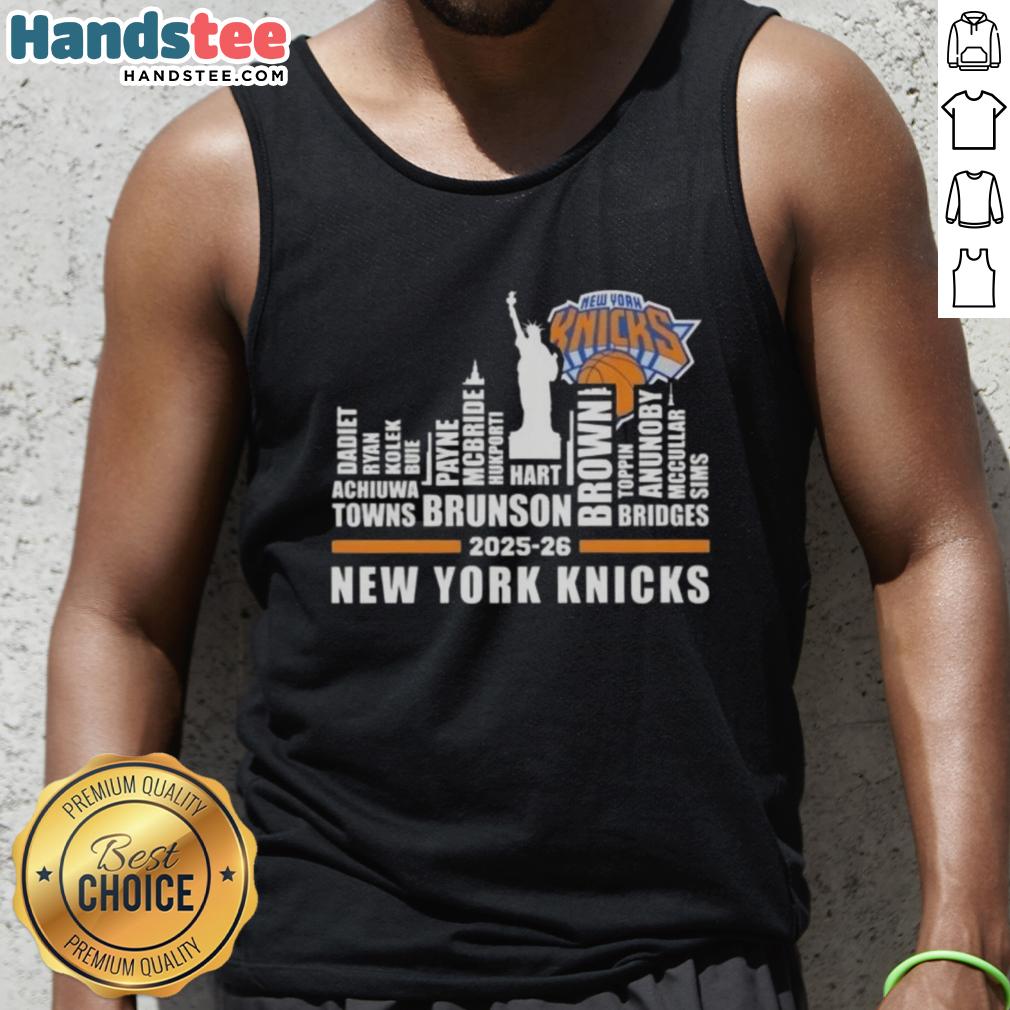 Cute 2025-26 New York Knicks basketball tank top featuring city skyline and player names design.