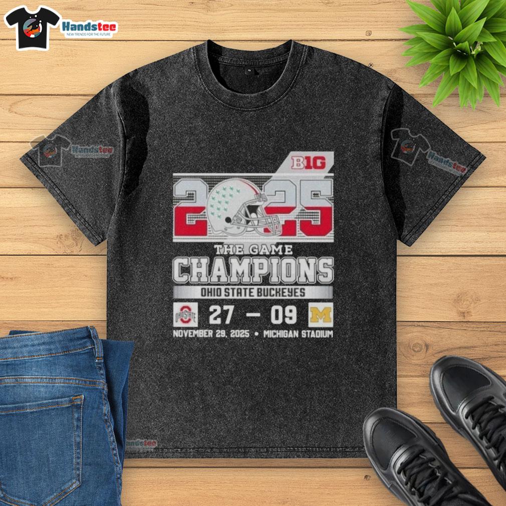 Alt Text: Ohio State Buckeyes fans celebrate in a washed t-shirt after defeating Michigan at The Game in Big Ten Championship.