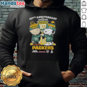 Alt Text: Cute Charlie Brown and Snoopy hoodie celebrating 107th anniversary with Green Bay Packers football skyline design.