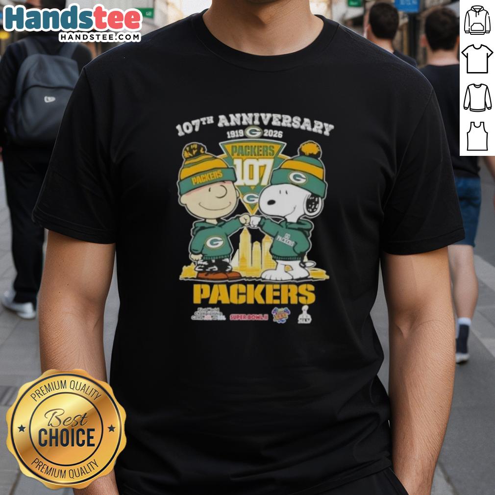 Alt Text: Cute Charlie Brown and Snoopy 107th Anniversary T-Shirt featuring Green Bay Packers football skyline design.