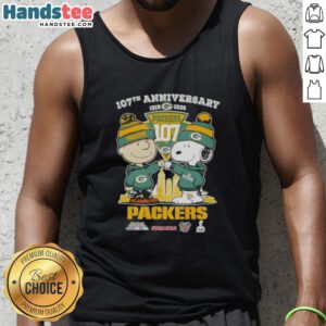 Cute Charlie Brown and Snoopy 107th Anniversary tank top featuring Green Bay Packers football skyline design.