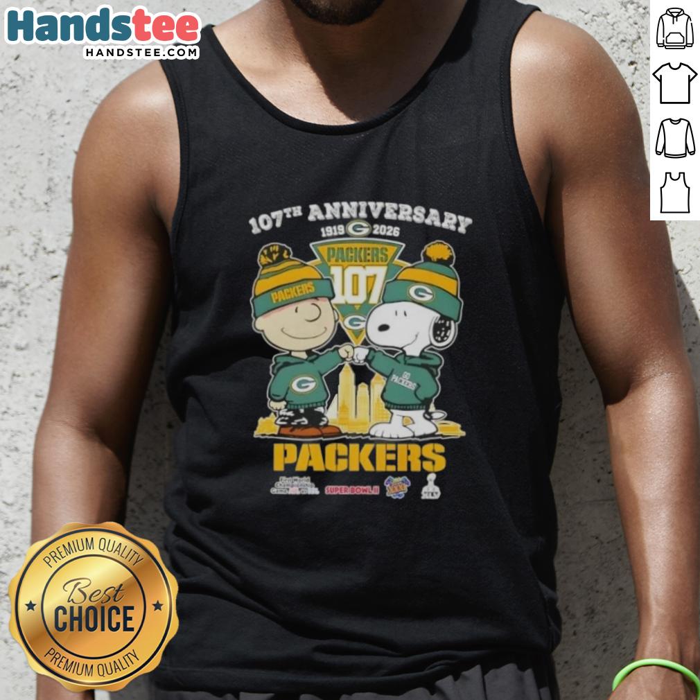 Cute Charlie Brown and Snoopy 107th Anniversary tank top featuring Green Bay Packers football skyline design.