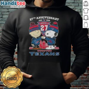 Alt Text: Cute Charlie Brown and Snoopy hoodie celebrating 27th anniversary with Houston Texans football skyline design.