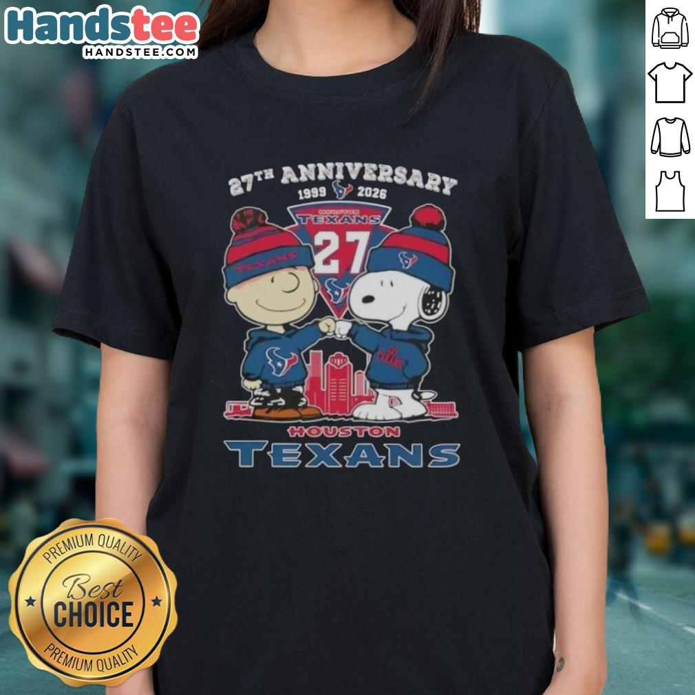 Alt Text: Cute Charlie Brown and Snoopy 27th Anniversary tee featuring Houston Texans skyline, perfect for fans.
