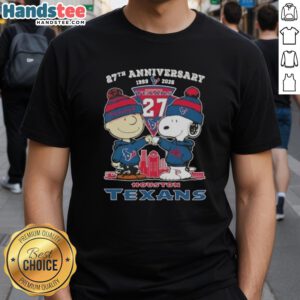 Alt Text: Cute Charlie Brown and Snoopy 27th Anniversary T-Shirt celebrating Houston Texans football with skyline design.