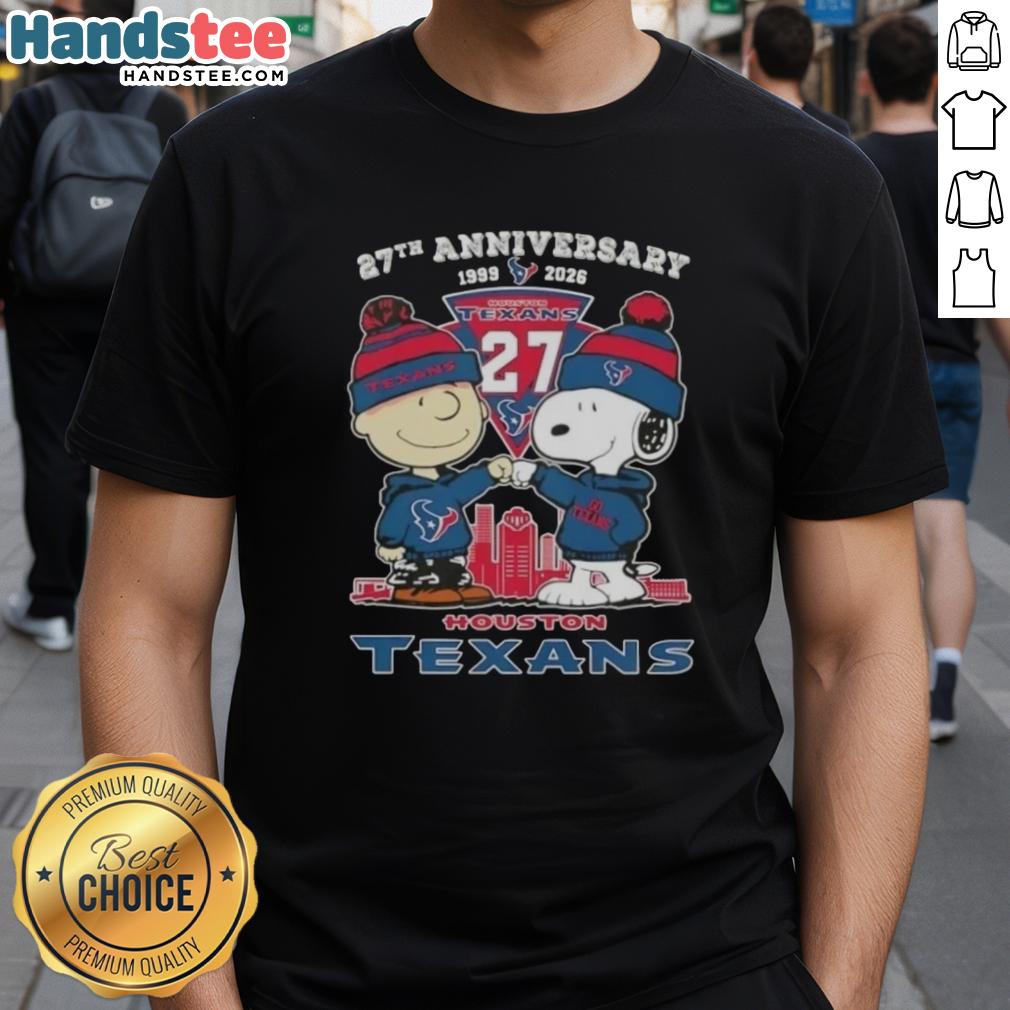 Alt Text: Cute Charlie Brown and Snoopy 27th Anniversary T-Shirt celebrating Houston Texans football with skyline design.
