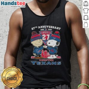 Alt Text: Cute Charlie Brown and Snoopy tank top celebrating 27th anniversary with Houston Texans football skyline design.