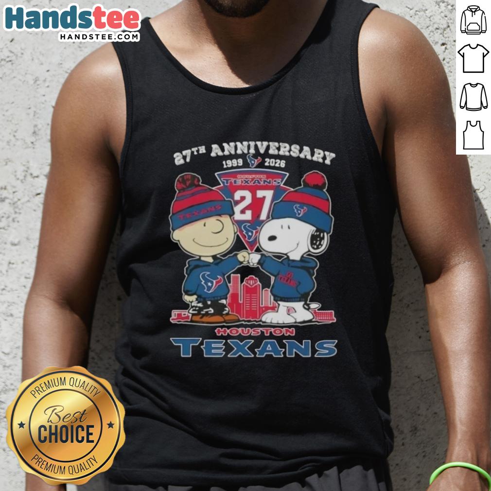 Alt Text: Cute Charlie Brown and Snoopy tank top celebrating 27th anniversary with Houston Texans football skyline design.
