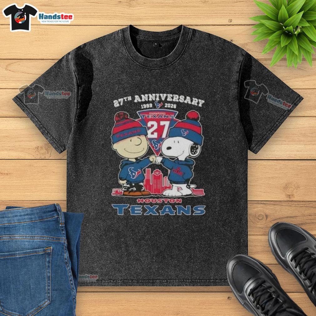 Cute Charlie Brown and Snoopy 27th Anniversary T-shirt featuring Houston Texans football skyline design.