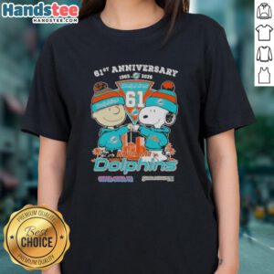 Cute Charlie Brown and Snoopy 61st Anniversary Miami Dolphins Football Skyline Ladies Tee, 1965-2026 design.