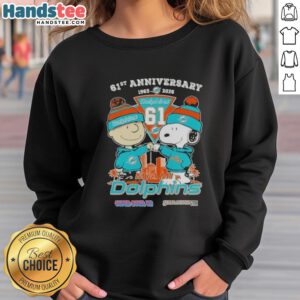 Alt Text: Cute Charlie Brown and Snoopy 61st Anniversary sweatshirt featuring Miami Dolphins football skyline design.