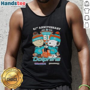 Alt Text: Cute Charlie Brown and Snoopy 61st Anniversary tank top celebrating Miami Dolphins football with skyline design.