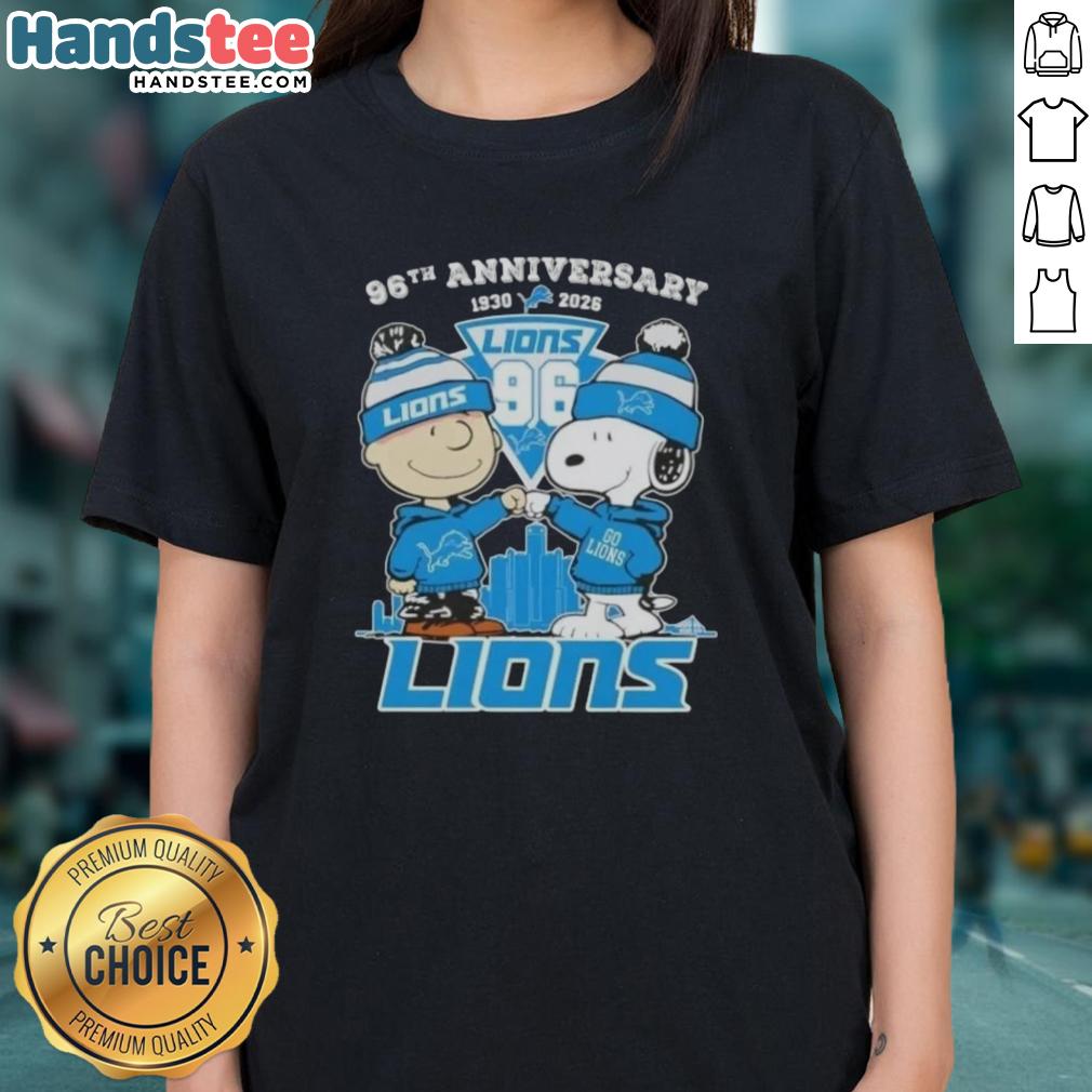 Alt Text: Cute Charlie Brown and Snoopy 96th Anniversary tee featuring Detroit Lions skyline, perfect for fans celebrating 1930-2026.