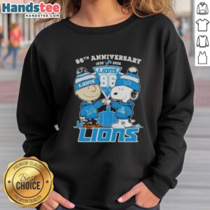 Cute Charlie Brown and Snoopy 96th Anniversary sweatshirt celebrating 1930-2026 with Detroit Lions football skyline design.
