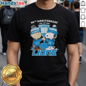 Cute Charlie Brown and Snoopy 96th Anniversary Detroit Lions Football Skyline T-Shirt design 1930-2026.