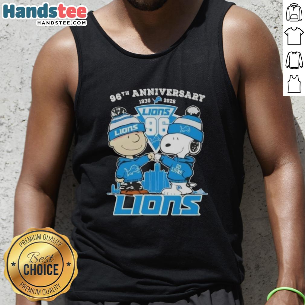 Alt Text: Cute Charlie Brown and Snoopy celebrate 96th anniversary with Detroit Lions skyline tank top design, 1930-2026.
