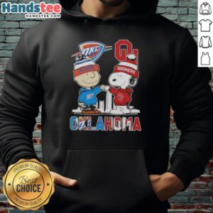 Alt Text: Cute Charlie Brown and Snoopy in Oklahoma City Sports Thunder x Sooners skyline hoodie design.