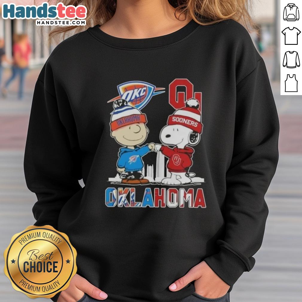 Alt Text: Cute Charlie Brown and Snoopy on Oklahoma City Thunder and Sooners skyline sweatshirt, perfect for sports fans.