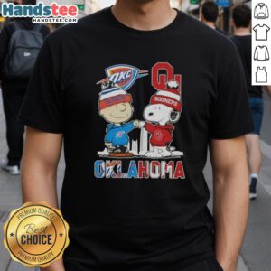 Alt Text: Cute Charlie Brown and Snoopy on Oklahoma City Sports Thunder X Sooners Skyline T-Shirt design.