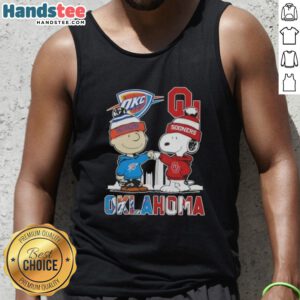 Cute Charlie Brown and Snoopy graphic on Oklahoma City Sports Thunder x Sooners skyline tank top design.