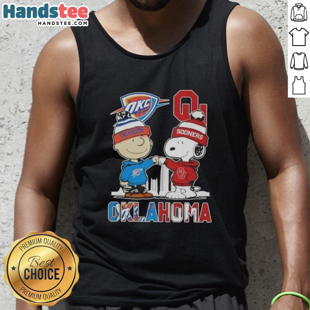 Cute Charlie Brown and Snoopy graphic on Oklahoma City Sports Thunder x Sooners skyline tank top design.