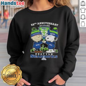 Alt Text: Cute Charlie Brown and Snoopy on Seattle Seahawks sweatshirt for Super Bowl 52nd Anniversary 1974-2026.