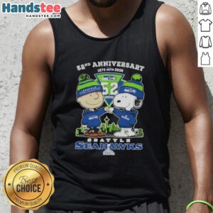 Alt Text: Cute Charlie Brown and Snoopy celebrate Super Bowl 52nd Anniversary on Seattle Seahawks tank top, 1974-2026.