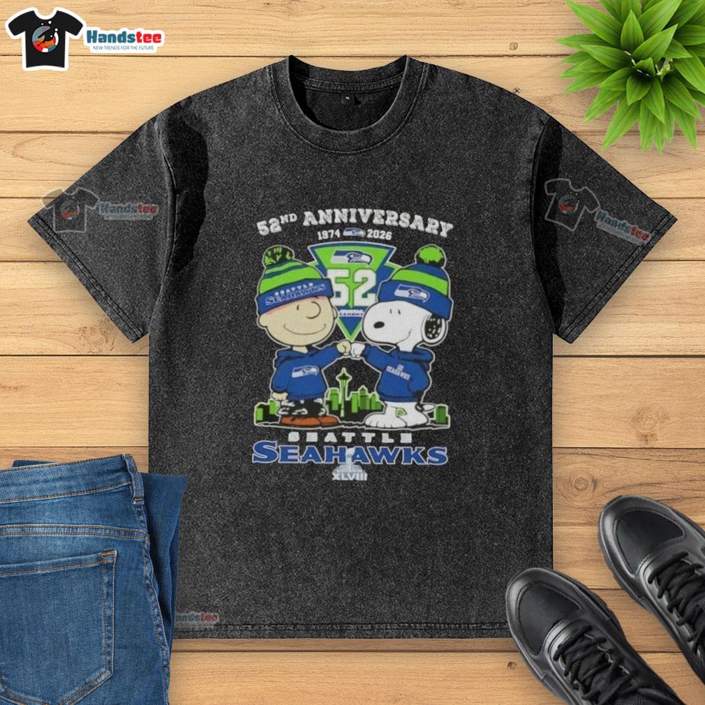 Alt Text: Cute Charlie Brown and Snoopy on a Super Bowl 52nd Anniversary t-shirt featuring Seattle Seahawks skyline design.