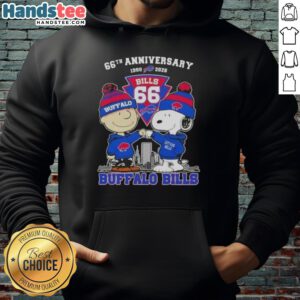 Alt Text: Cute Charlie Brown and Snoopy celebrate Super Bowl 66th Anniversary in Buffalo Bills hoodie with skyline design.