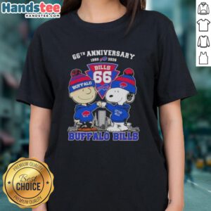 Alt Text: Cute Charlie Brown and Snoopy celebrate Super Bowl 66th Anniversary 1960-2026 with Buffalo Bills skyline on ladies tee.