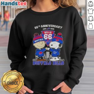 Alt Text: Cute Charlie Brown and Snoopy sweatshirt celebrating Super Bowl 66th Anniversary 1960-2026 with Buffalo Bills skyline.