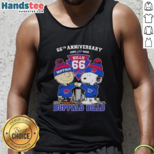 Alt Text: Cute Charlie Brown and Snoopy celebrate Super Bowl 66th Anniversary with Buffalo Bills skyline tank top design.