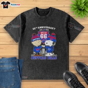 Cute Charlie Brown and Snoopy Super Bowl 66th Anniversary T-shirt featuring Buffalo Bills skyline design.