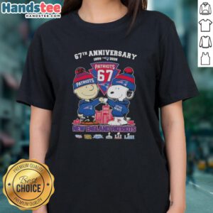 Cute Charlie Brown and Snoopy celebrate Super Bowl 67th Anniversary on New England Patriots Ladies Tee 1959-2026.