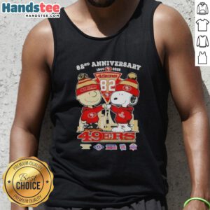 Alt Text: Cute Charlie Brown and Snoopy celebrate Super Bowl 82nd Anniversary on a San Francisco 49ers tank top.