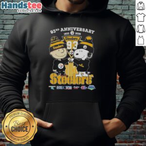 Alt Text: Cute Charlie Brown and Snoopy celebrate Super Bowl 93rd Anniversary with Pittsburgh Steelers skyline hoodie.