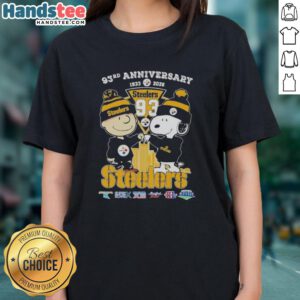 Alt Text: Cute Charlie Brown and Snoopy celebrate Super Bowl 93rd Anniversary with Pittsburgh Steelers skyline on ladies tee.