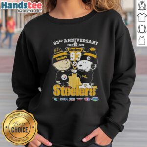 Alt Text: Cute Charlie Brown and Snoopy sweatshirt celebrating Super Bowl 93rd Anniversary 1933-2026 with Pittsburgh Steelers skyline.