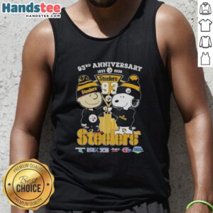 Alt Text: Cute Charlie Brown and Snoopy celebrate the 93rd Super Bowl anniversary in a Pittsburgh Steelers tank top.