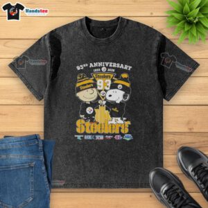 Alt Text: Cute Charlie Brown and Snoopy on a washed t-shirt celebrating the 93rd Super Bowl and Pittsburgh Steelers.
