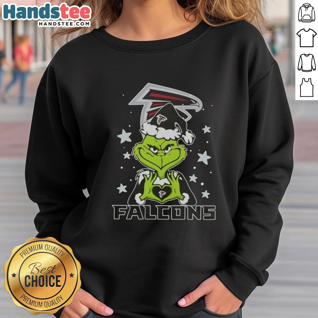 Cute Grinch love Atlanta Falcons football Merry Christmas sweatshirt featuring festive design and team colors.