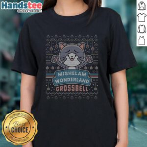 Alt Text: Cute Mishelam Wonderland ugly sweater ladies tee featuring festive designs and vibrant colors for holiday cheer.