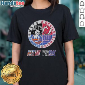 Adorable New Jersey Devils, Brooklyn Nets, New York Islanders mashup logo on a ladies tee, perfect for sports fans.