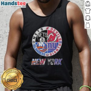 Alt Text: Cute mashup logo tank top featuring New Jersey Devils, Brooklyn Nets, and New York Islanders designs.