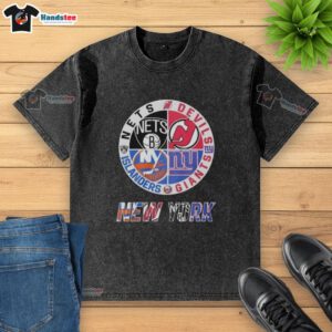 Alt Text: Cute New Jersey Devils Brooklyn Nets New York Islanders mashup logo on a washed t-shirt for sports fans.
