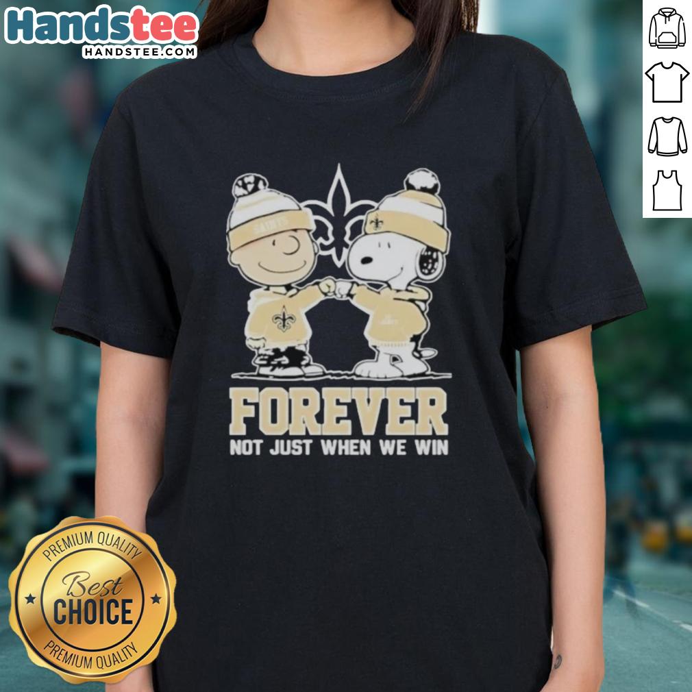 Alt Text: Cute New Orleans Saints Charlie Brown and Snoopy Forever tee for ladies, celebrating fandom beyond just winning.